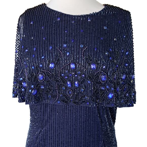 MAC DUGGAL High Neck Column Beaded Gown w/ Cape Size 12 Blue Formal Dress - Picture 6 of 12